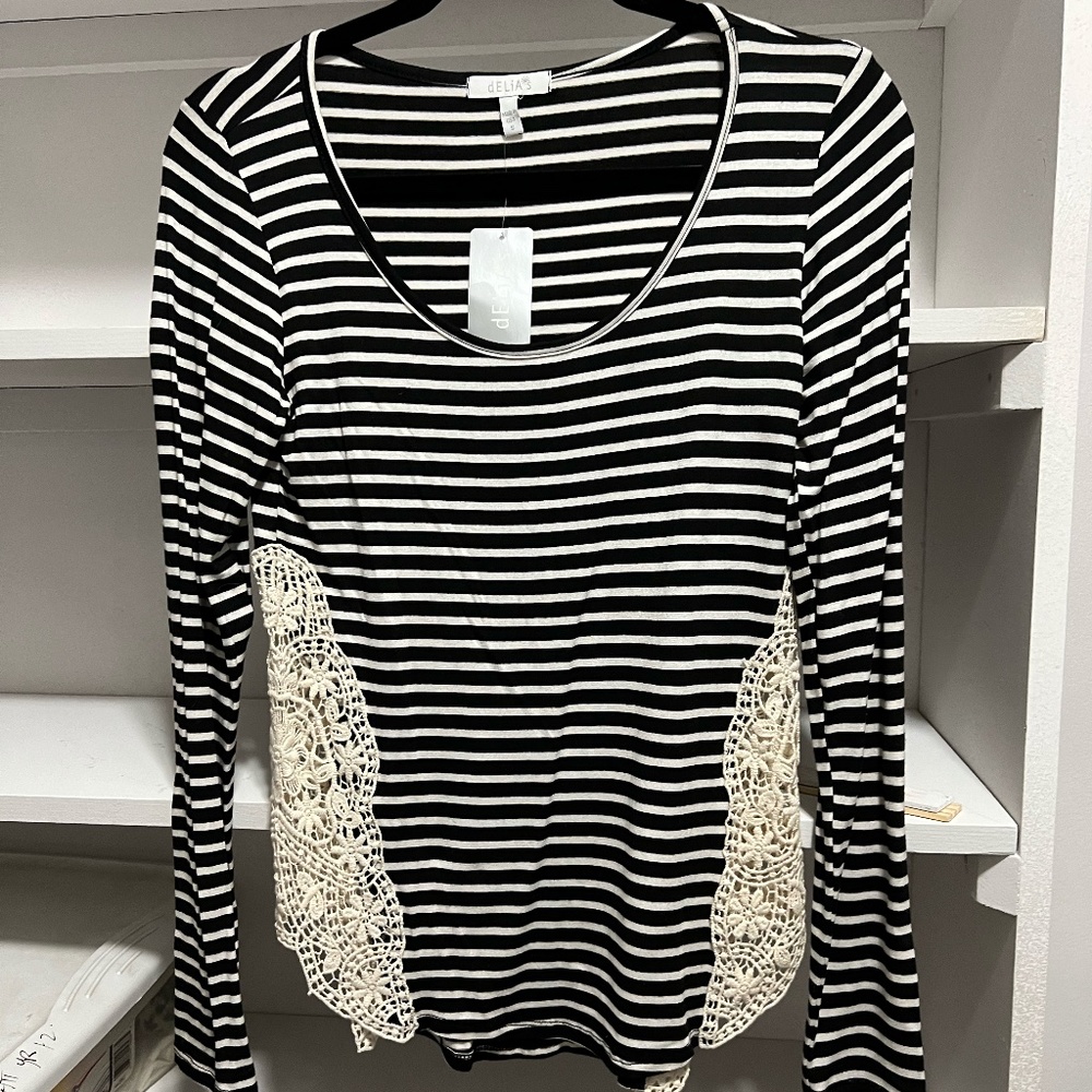 $5 Sweaters, Tops and Tees!!! Delia's L/S Stripe Tee NWT lace insets Sm